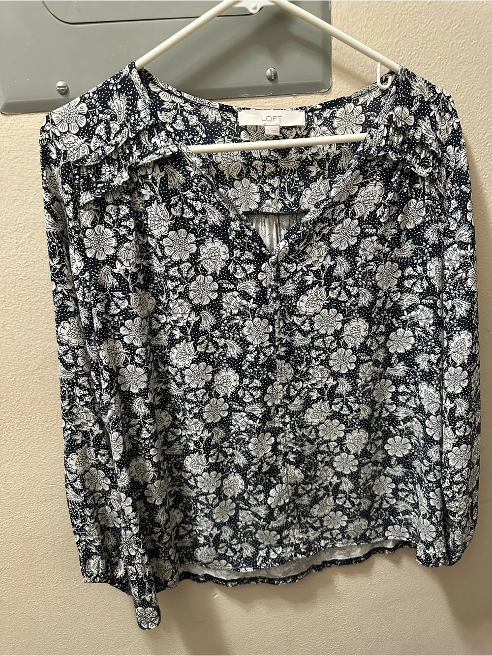 LOFT Navy and White Floral tie front Blouse